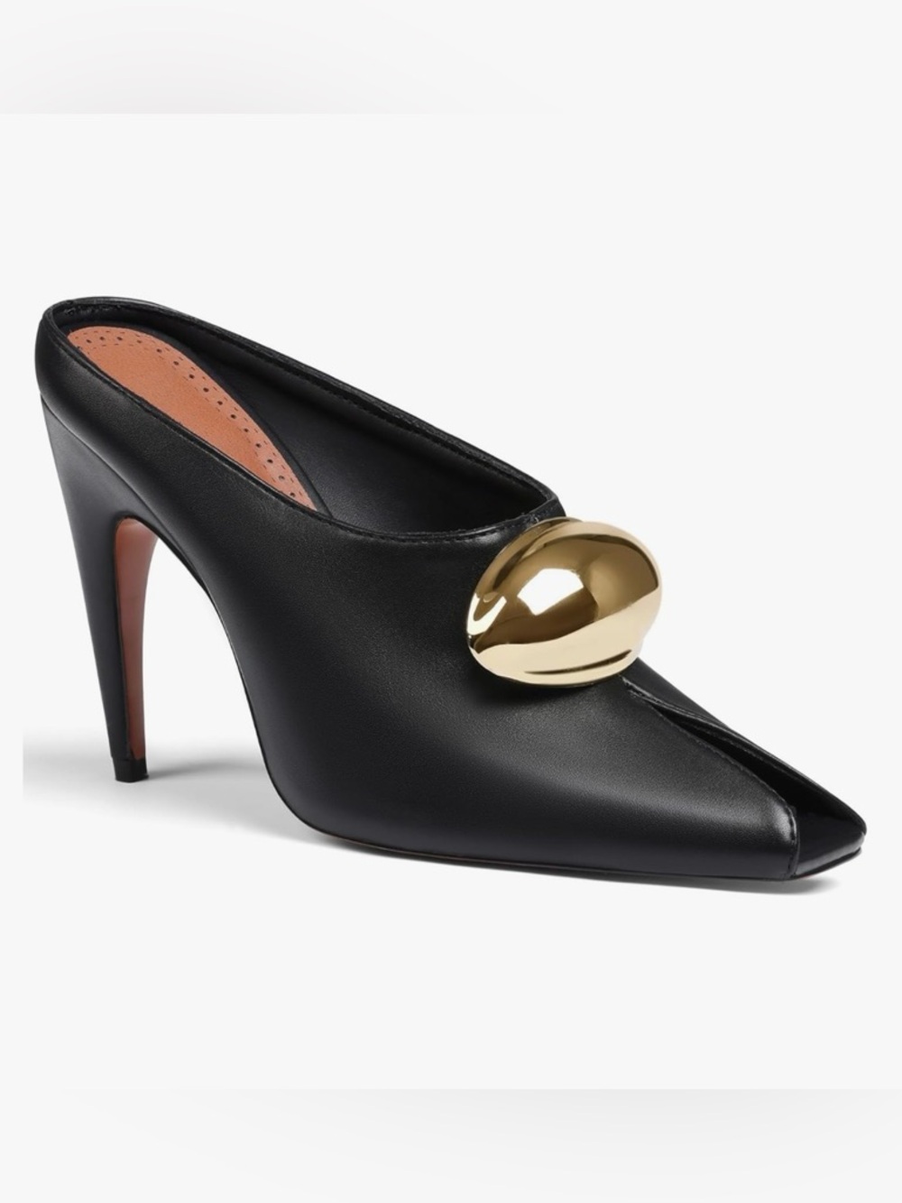 Women's Black Leather Pointed Mule with Gold Accent